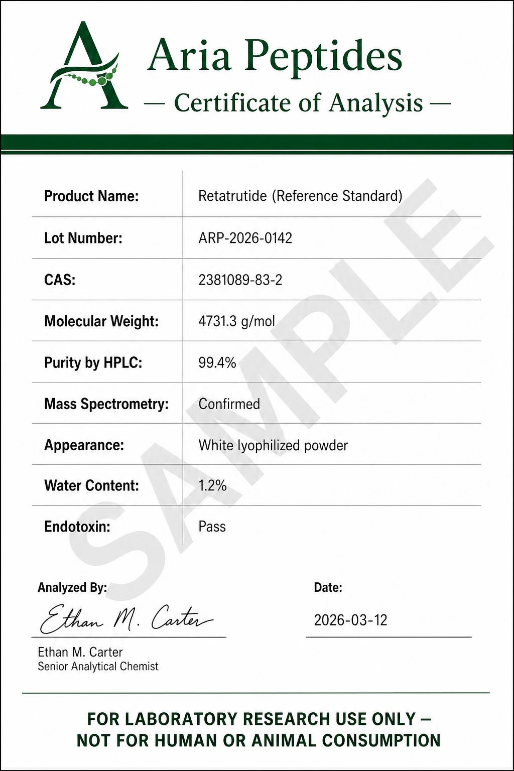 Sample Certificate of Analysis document — Aria Peptides Retatrutide reference standard
