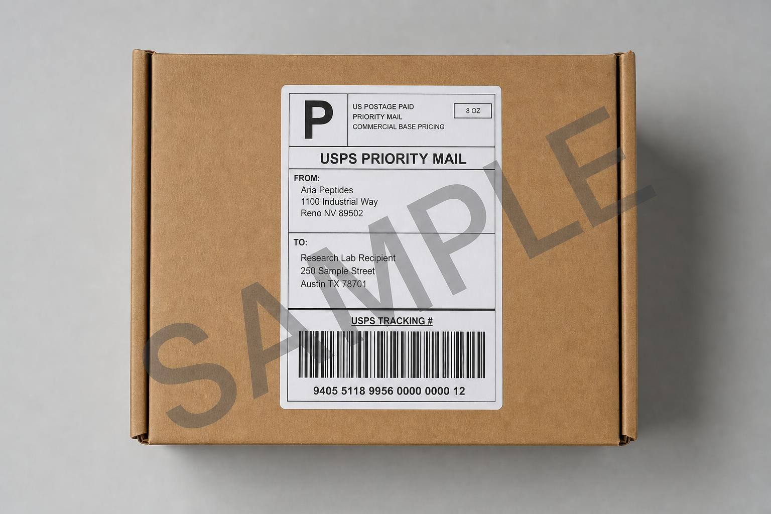 Sample USPS Priority Mail shipping label on a plain kraft box — Aria Peptides